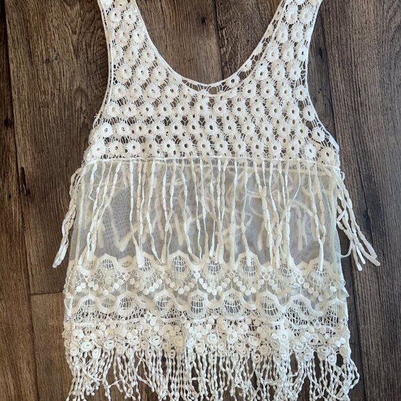 White Crystal K Boho Crochet Mesh Sheer Fringe Top y2k - Picture 3 of 7